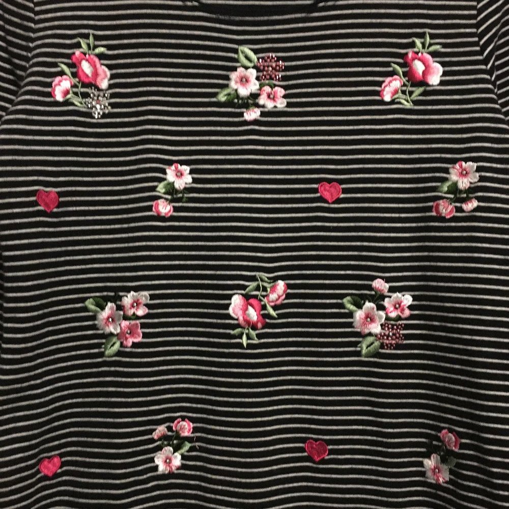 Karen Scott Pinstripe Cotton Jersey Long Sleeve Tee Floral Embroidered French Gi - Picture 5 of 15